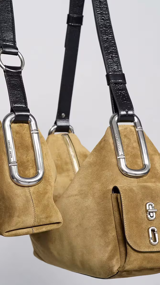 The Scene Large and Medium Shoulder Bags in Suede, both in Hazelnut
