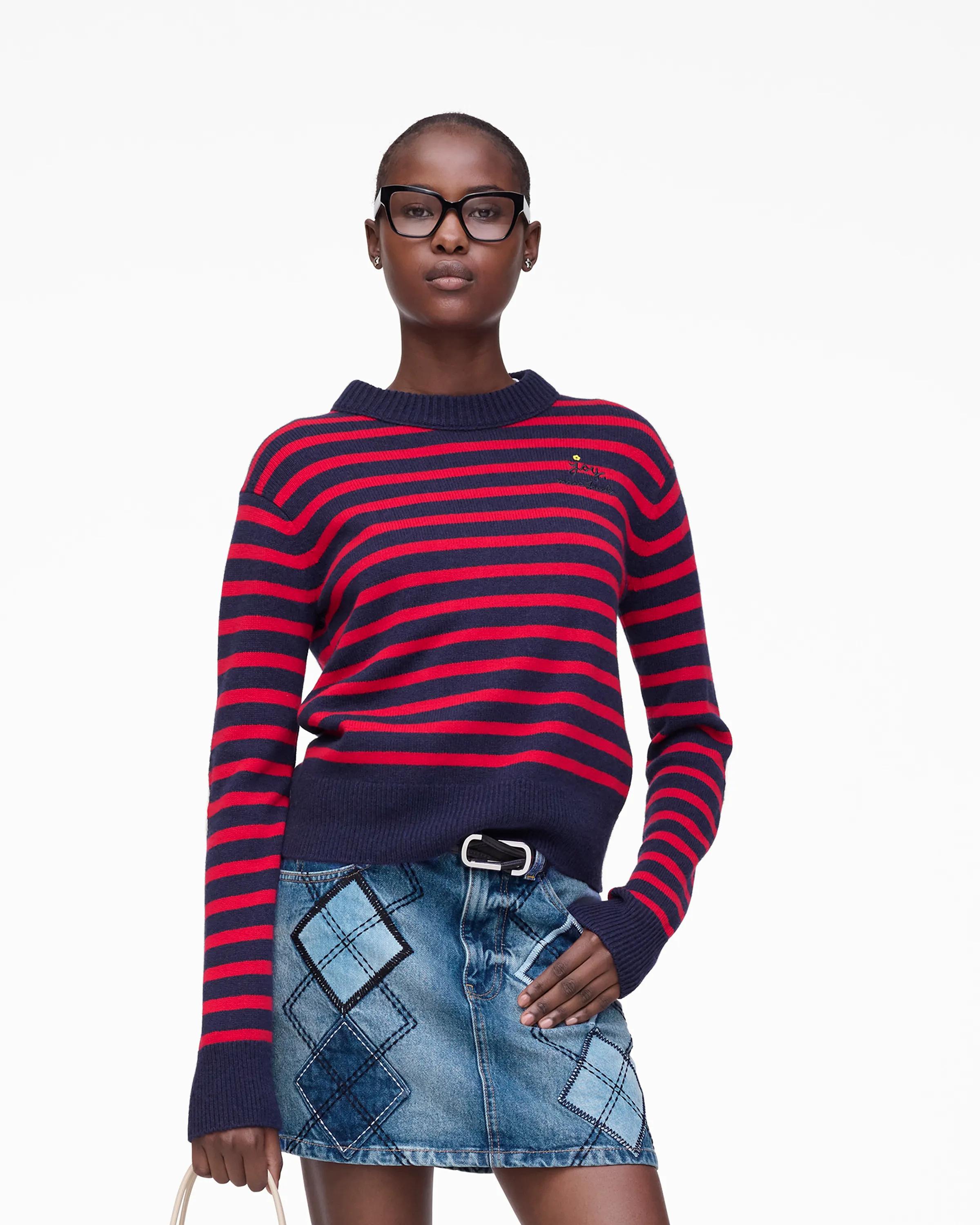 MARC JACOBS Marc Jacobs Joy Striped Crewneck in Navy/Red, Size XL　MARC JACOBS マーク ジェイコブス ジョイ ストライプ クルーネック、ネイビー/レッド、サイズ XL MARC