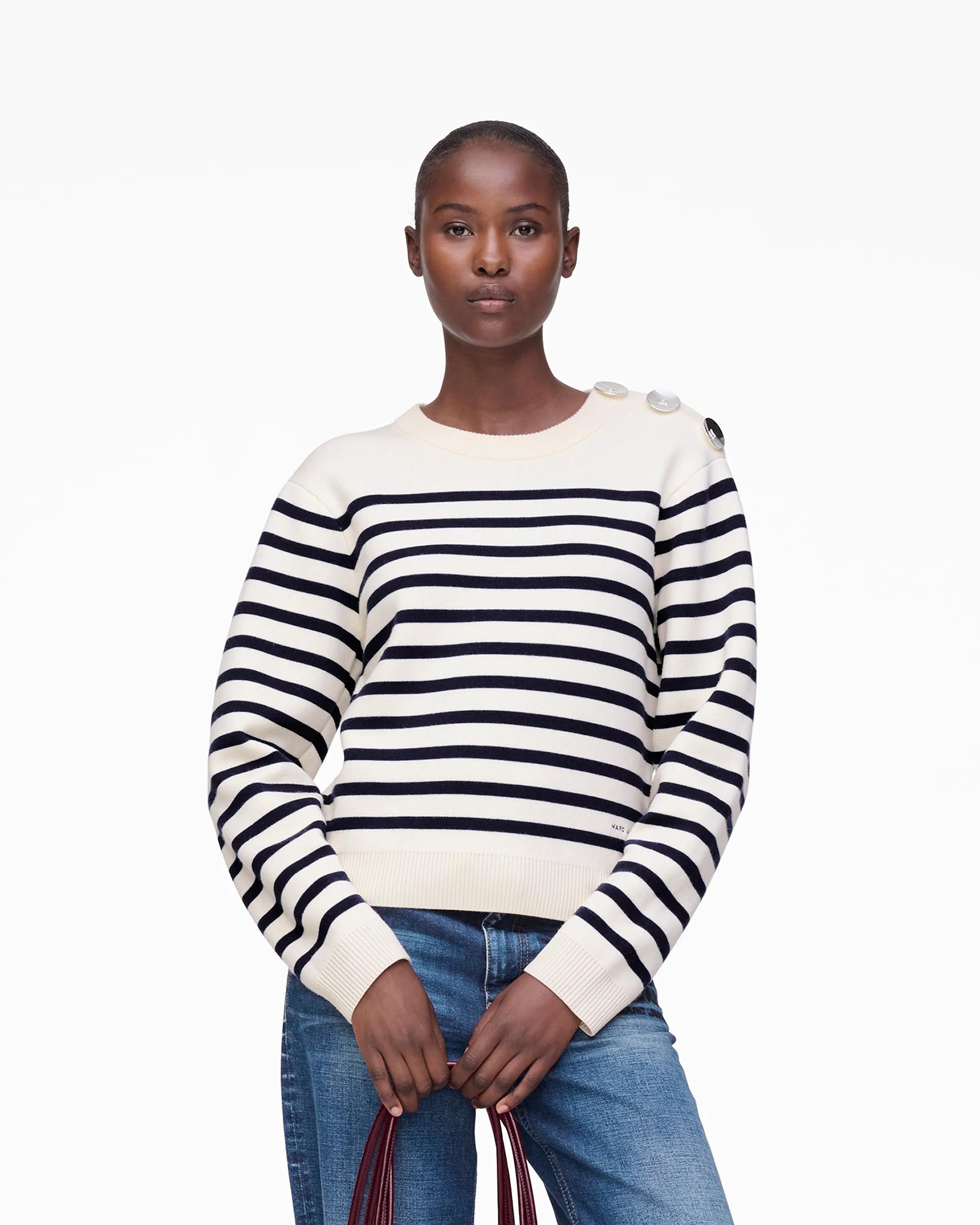 MARC JACOBS Marc Jacobs Breton Stripe Crewneck in White/Navy, Size XL　MARC JACOBS マーク ジェイコブス ブレトン ストライプ クルーネック ホワイト/ネイビー、サイズ XL MARC