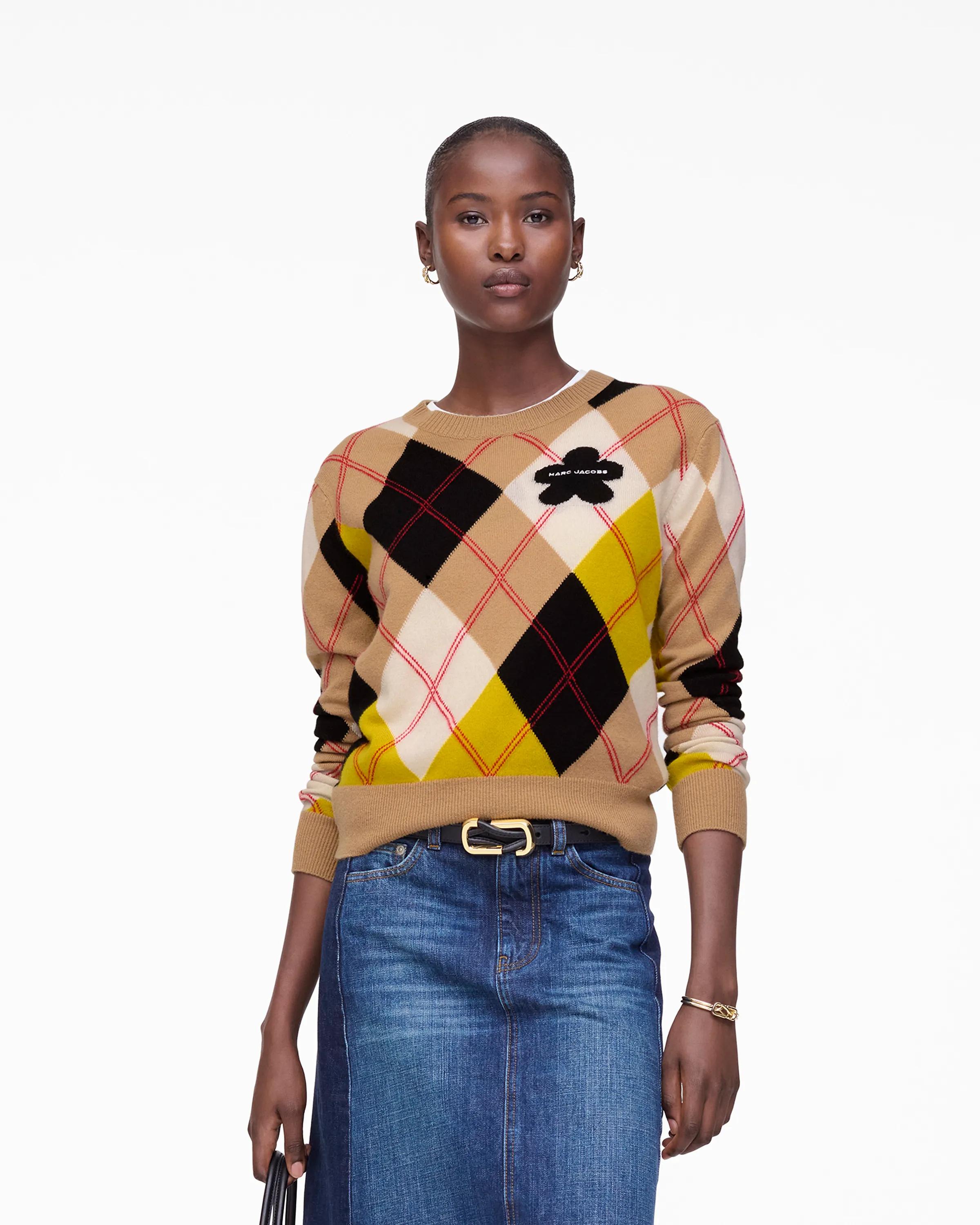 MARC JACOBS Marc Jacobs Preppy Daisy Argyle Crewneck in Joy Yellow Multi, Size Medium　MARC JACOBS マーク ジェイコブス プレッピー デイジー アーガイル クルーネック ジョイ イエロー マルチ、サイズ M MARC