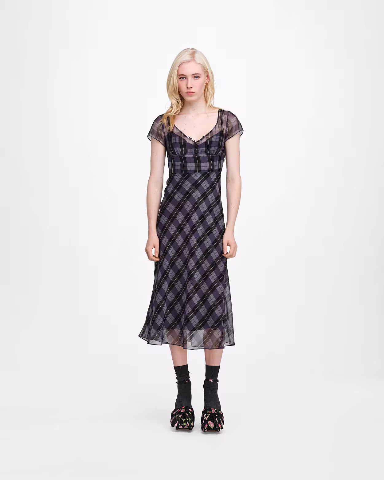Plaid Chiffon Midi Dress