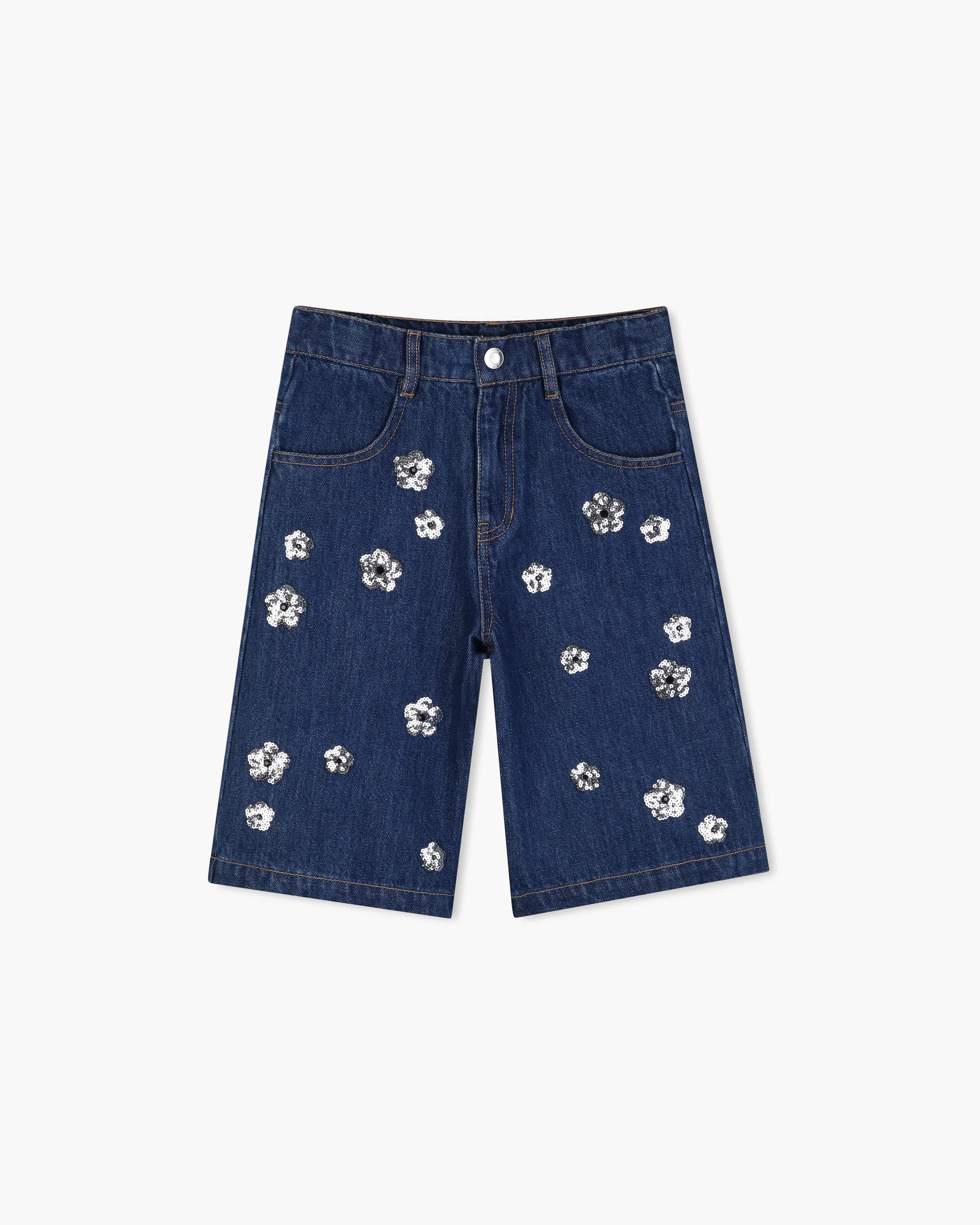 MARC JACOBS Marc Jacobs The Sequin Daisy Denim Shorts in Denim Blue, Size 12Y　MARC JACOBS マーク ジェイコブス ザ スパンコール デイジー デニム ショートパンツ デニム ブルー、サイズ 12Y MARC