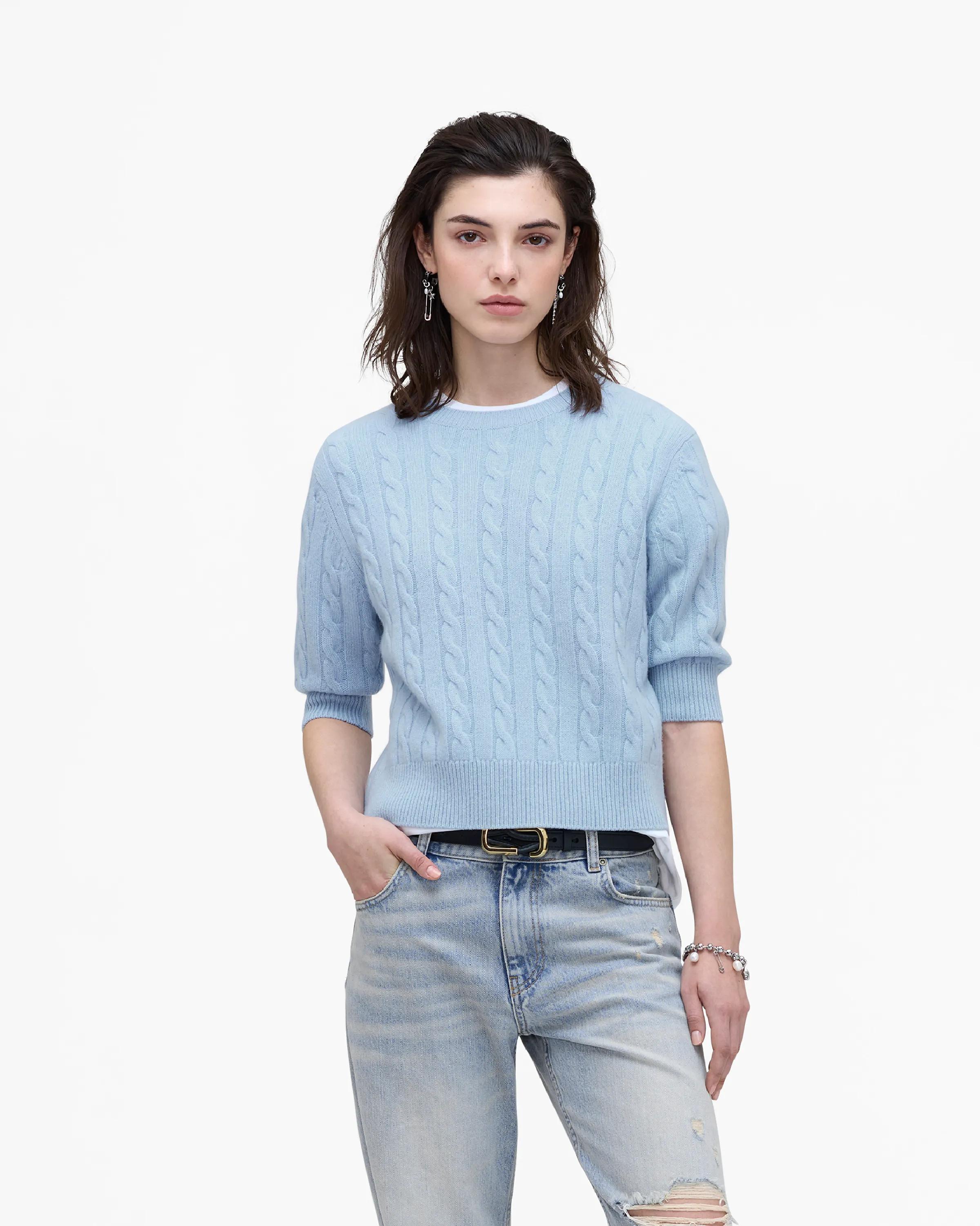 MARC JACOBS Marc Jacobs Open Back Bow Cable Sweater in Blue Mist, Size XL　MARC JACOBS マーク ジェイコブス オープン バック ボウ ケーブル セーター ブルー ミスト、サイズ XL MARC