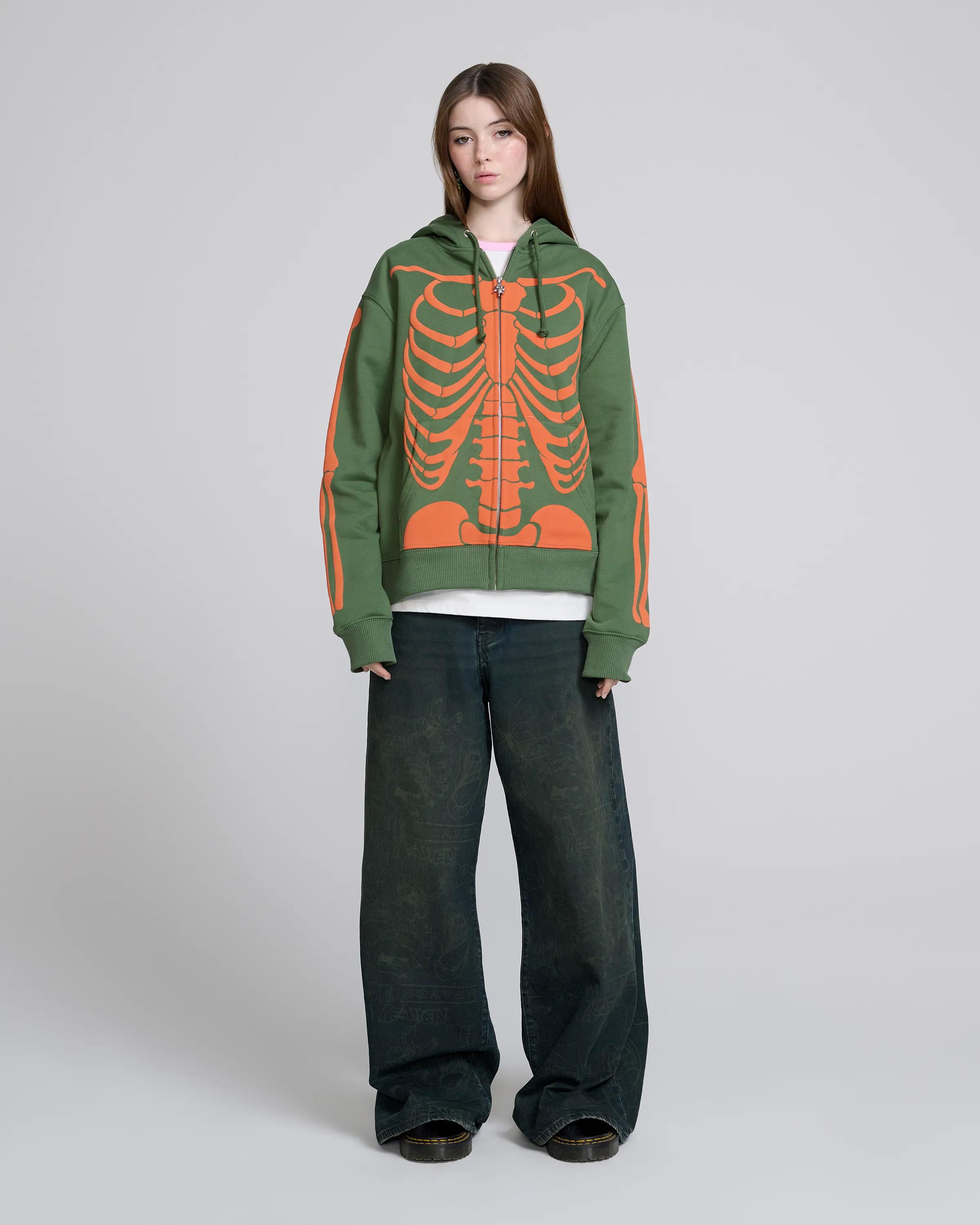 MARC JACOBS Marc Jacobs Skeleton Zip-Up Hoodie in Green Multi, Size XL　MARC JACOBS マーク ジェイコブス スケルトン ジップアップ パーカー グリーン マルチ、サイズ XL MARC