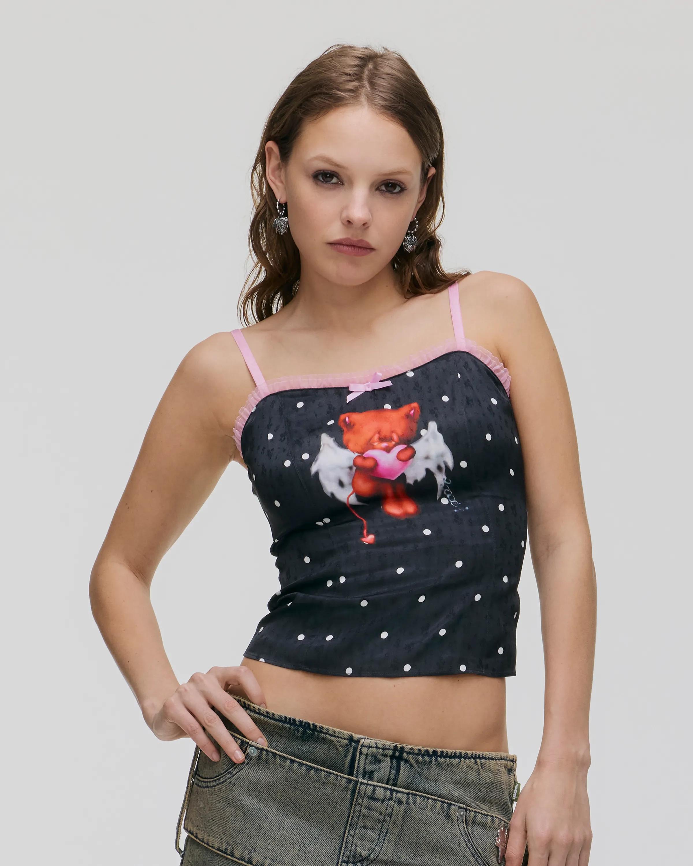 MARC JACOBS Marc Jacobs HEAVY HEART SPOTS SATIN TANK in Black Multi, Size Large　MARC JACOBS マーク ジェイコブス ヘビー ハート スポット サテン タンク ブラック マルチ、サイズ L MARC